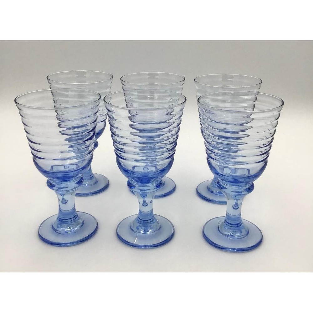 Vintage Libbey Sirrus Blue Ribbed Glass Goblets (6) Footed Water Wine Glasses 7"